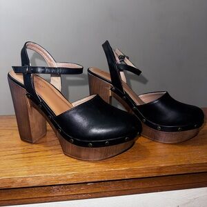 Bamboo Black Leather Platform Heels